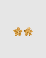 A pair of gold-colored floral design stud earrings on a white background